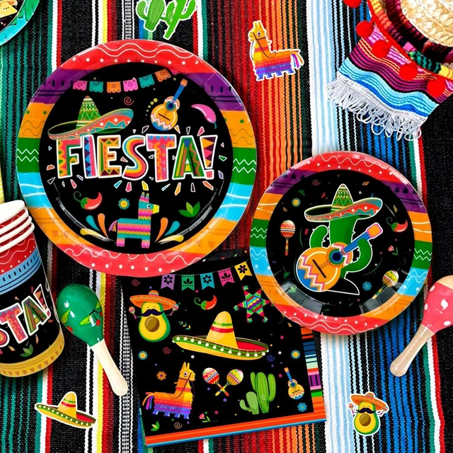 Alt view image 2 of 7 - Mexican Fiesta Party Supplies, 161 Pcs Mexican Party Paper Tableware Set - Fiesta Plates Cups Napkins Tablecloth & Mexican Fiesta Banner ect Fiesta Party Supplies for 20 Guests