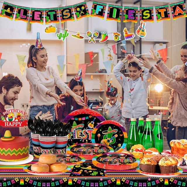 Alt view image 3 of 7 - Mexican Fiesta Party Supplies, 161 Pcs Mexican Party Paper Tableware Set - Fiesta Plates Cups Napkins Tablecloth & Mexican Fiesta Banner ect Fiesta Party Supplies for 20 Guests