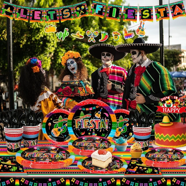 Alt view image 4 of 7 - Mexican Fiesta Party Supplies, 161 Pcs Mexican Party Paper Tableware Set - Fiesta Plates Cups Napkins Tablecloth & Mexican Fiesta Banner ect Fiesta Party Supplies for 20 Guests