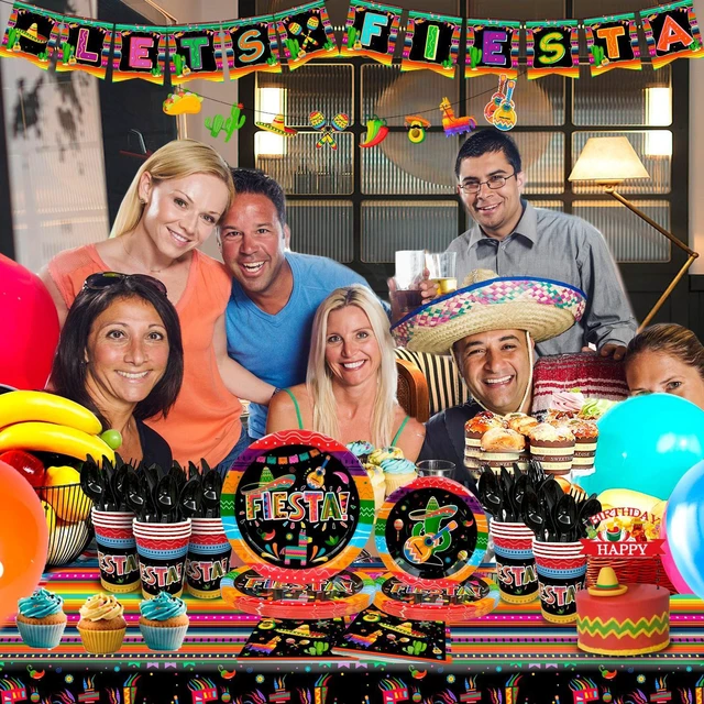 Alt view image 5 of 7 - Mexican Fiesta Party Supplies, 161 Pcs Mexican Party Paper Tableware Set - Fiesta Plates Cups Napkins Tablecloth & Mexican Fiesta Banner ect Fiesta Party Supplies for 20 Guests