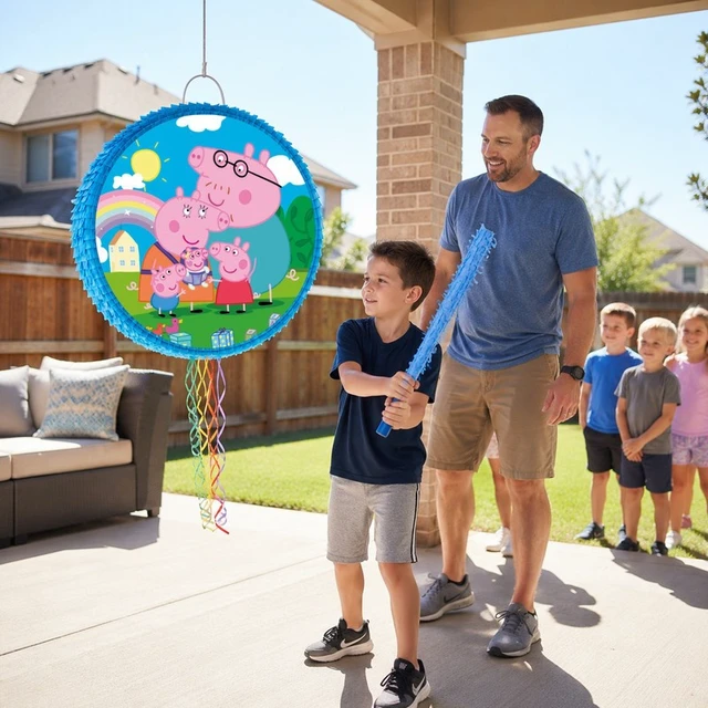 Alt view image 2 of 7 - 4 Pcs Round Peppa Pig Piñata Bundle - 17.58'' Peppa Pig Piñata Large & Peppa Pig Game Blindfold & Peppa Pig Pinata Stick etc Peppa Pig Birthday Party Piñata Supplies for Peppa Pig Party Decorations