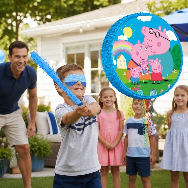 Alt view image 3 of 7 - 4 Pcs Round Peppa Pig Piñata Bundle - 17.58'' Peppa Pig Piñata Large & Peppa Pig Game Blindfold & Peppa Pig Pinata Stick etc Peppa Pig Birthday Party Piñata Supplies for Peppa Pig Party Decorations