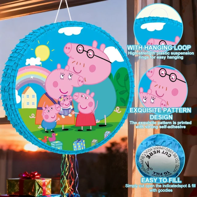 Alt view image 6 of 7 - 4 Pcs Round Peppa Pig Piñata Bundle - 17.58'' Peppa Pig Piñata Large & Peppa Pig Game Blindfold & Peppa Pig Pinata Stick etc Peppa Pig Birthday Party Piñata Supplies for Peppa Pig Party Decorations