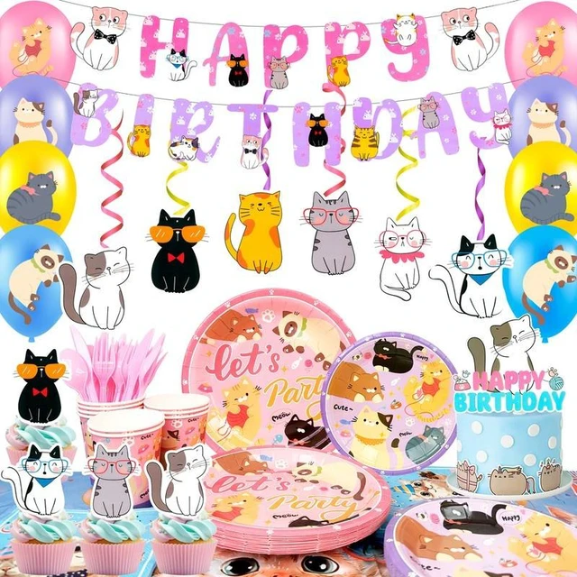 Main image of Cat Party Decorations, 159 Pcs Kitten Birthday Decorations & Cat Party Tableware Set Including Cat Birthday Cake Topper Balloons Banner Plates Tablecloth etc Cat Birthday Party Supplies
