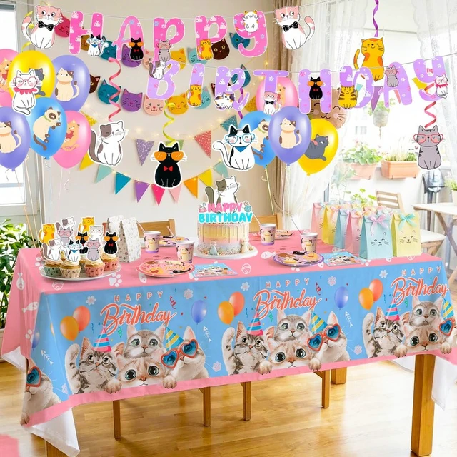 Alt view image 2 of 7 - Cat Party Decorations, 159 Pcs Kitten Birthday Decorations & Cat Party Tableware Set Including Cat Birthday Cake Topper Balloons Banner Plates Tablecloth etc Cat Birthday Party Supplies