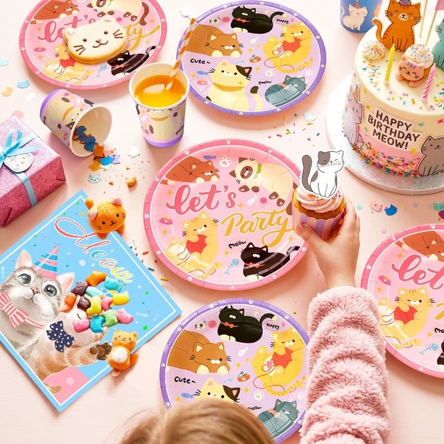 Alt view image 3 of 7 - Cat Party Decorations, 159 Pcs Kitten Birthday Decorations & Cat Party Tableware Set Including Cat Birthday Cake Topper Balloons Banner Plates Tablecloth etc Cat Birthday Party Supplies