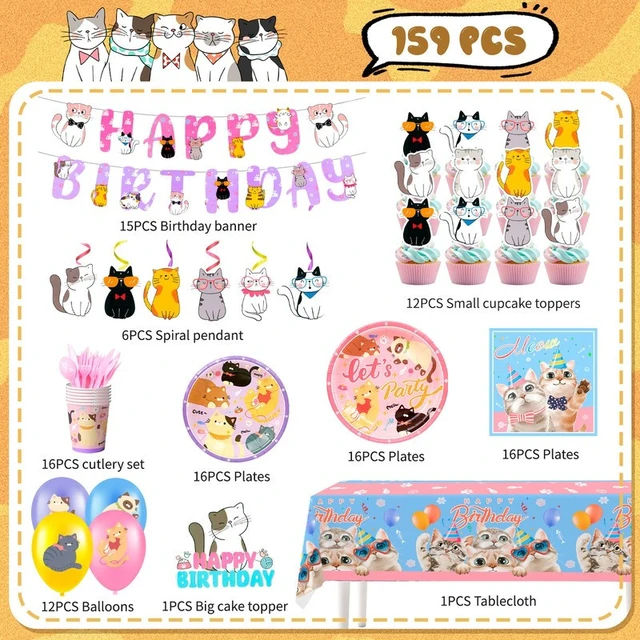 Alt view image 7 of 7 - Cat Party Decorations, 159 Pcs Kitten Birthday Decorations & Cat Party Tableware Set Including Cat Birthday Cake Topper Balloons Banner Plates Tablecloth etc Cat Birthday Party Supplies