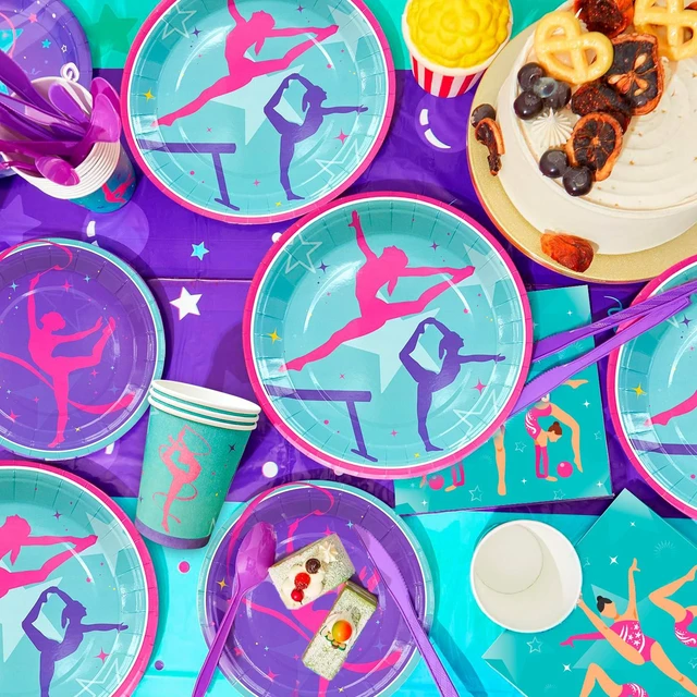 Alt view image 2 of 7 - Gymnastics Birthday Party Supplies, 140 Pcs Gymnastics Party Decorations&Tableware Kit - Gymnastics Plates and Napkins Cups Tablecloth Balloons Banner etc Gymnastics Decorations for Birthday Party
