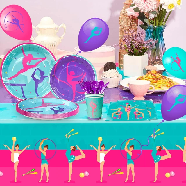 Alt view image 3 of 7 - Gymnastics Birthday Party Supplies, 140 Pcs Gymnastics Party Decorations&Tableware Kit - Gymnastics Plates and Napkins Cups Tablecloth Balloons Banner etc Gymnastics Decorations for Birthday Party