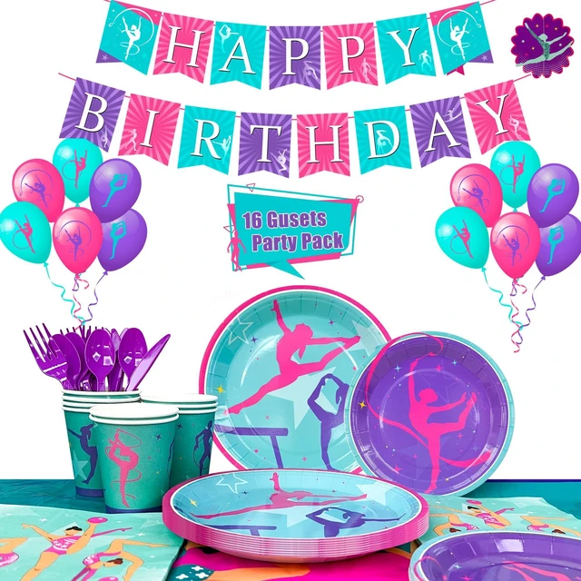 Main image of Gymnastics Birthday Party Supplies, 140 Pcs Gymnastics Party Decorations&Tableware Kit - Gymnastics Plates and Napkins Cups Tablecloth Balloons Banner etc Gymnastics Decorations for Birthday Party