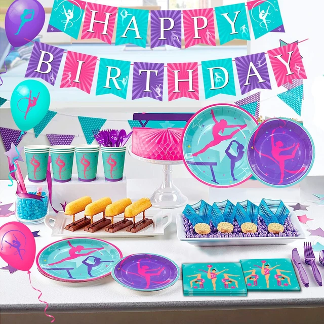 Alt view image 4 of 7 - Gymnastics Birthday Party Supplies, 140 Pcs Gymnastics Party Decorations&Tableware Kit - Gymnastics Plates and Napkins Cups Tablecloth Balloons Banner etc Gymnastics Decorations for Birthday Party