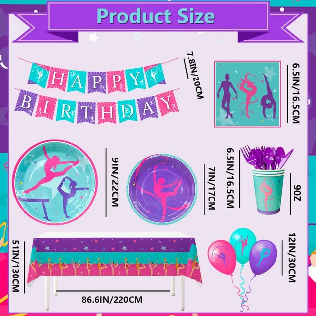 Alt view image 6 of 7 - Gymnastics Birthday Party Supplies, 140 Pcs Gymnastics Party Decorations&Tableware Kit - Gymnastics Plates and Napkins Cups Tablecloth Balloons Banner etc Gymnastics Decorations for Birthday Party