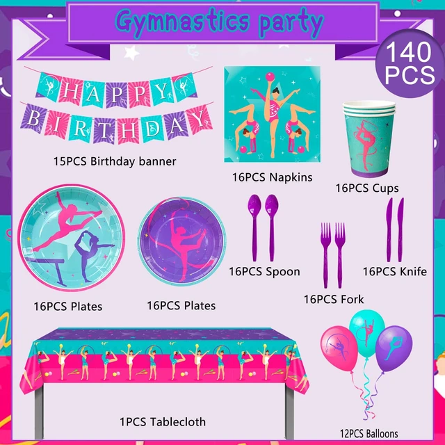 Alt view image 7 of 7 - Gymnastics Birthday Party Supplies, 140 Pcs Gymnastics Party Decorations&Tableware Kit - Gymnastics Plates and Napkins Cups Tablecloth Balloons Banner etc Gymnastics Decorations for Birthday Party