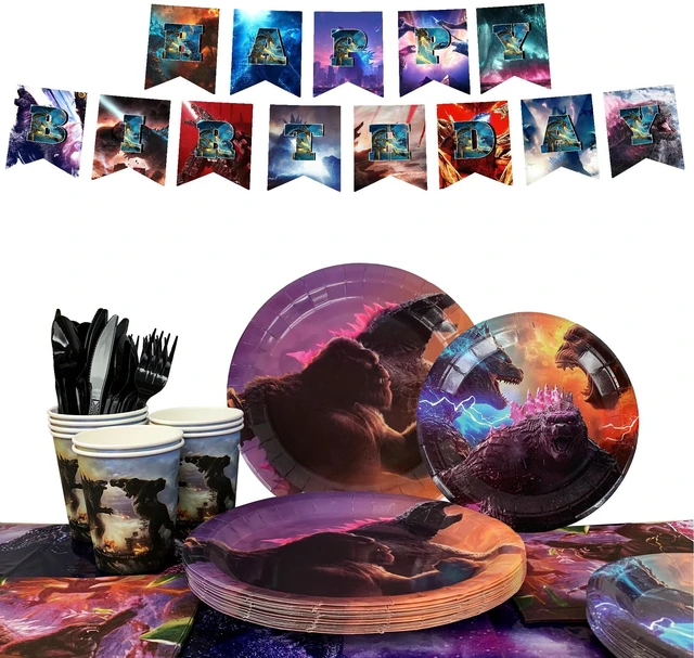 Main image of 114 Pcs Godzilla Party Supplies Tableware Set - Godzilla Party Tablecloth Banner Plates Napkins Cups etc Godzilla Birthday Party Decoration Tableware for Godzilla Birthday Party Supplies