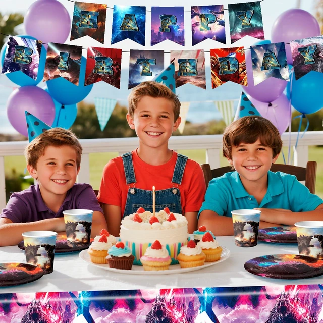 Alt view image 3 of 7 - 114 Pcs Godzilla Party Supplies Tableware Set - Godzilla Party Tablecloth Banner Plates Napkins Cups etc Godzilla Birthday Party Decoration Tableware for Godzilla Birthday Party Supplies