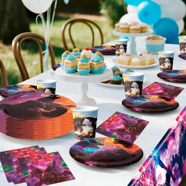 Alt view image 4 of 7 - 114 Pcs Godzilla Party Supplies Tableware Set - Godzilla Party Tablecloth Banner Plates Napkins Cups etc Godzilla Birthday Party Decoration Tableware for Godzilla Birthday Party Supplies