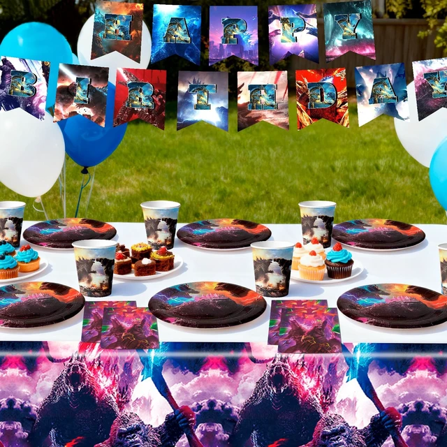 Alt view image 5 of 7 - 114 Pcs Godzilla Party Supplies Tableware Set - Godzilla Party Tablecloth Banner Plates Napkins Cups etc Godzilla Birthday Party Decoration Tableware for Godzilla Birthday Party Supplies