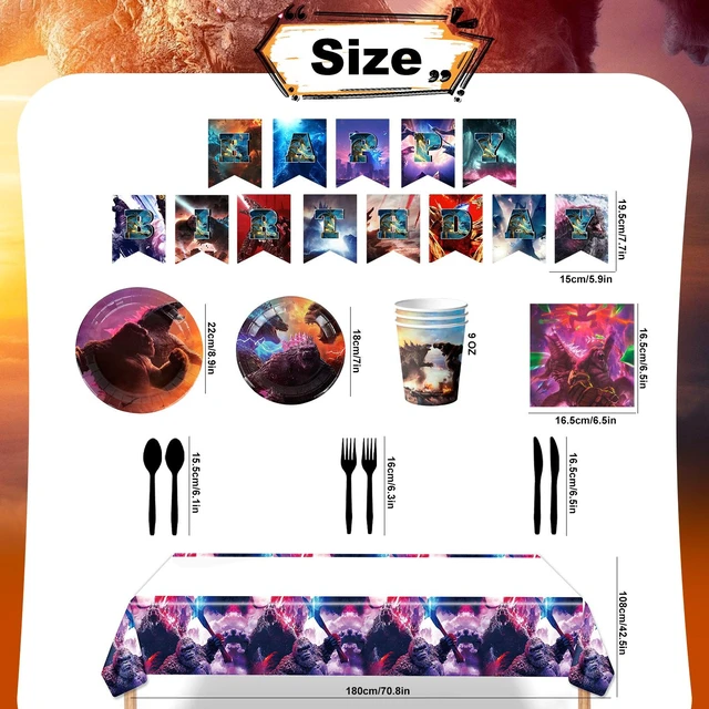 Alt view image 6 of 7 - 114 Pcs Godzilla Party Supplies Tableware Set - Godzilla Party Tablecloth Banner Plates Napkins Cups etc Godzilla Birthday Party Decoration Tableware for Godzilla Birthday Party Supplies