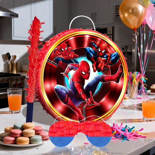 Alt view image 7 of 7 - Spiderman Pinata,4 Pcs Spiderman Round Pinata Set - Spiderman Party Pinata & Spiderman Pinata Sticks & Spiderman Party Game Eye Mask etc Spiderman Pinata Supplies for Spiderman Birthday Party Decorati
