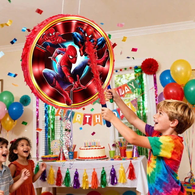 Alt view image 4 of 7 - Spiderman Pinata,4 Pcs Spiderman Round Pinata Set - Spiderman Party Pinata & Spiderman Pinata Sticks & Spiderman Party Game Eye Mask etc Spiderman Pinata Supplies for Spiderman Birthday Party Decorati