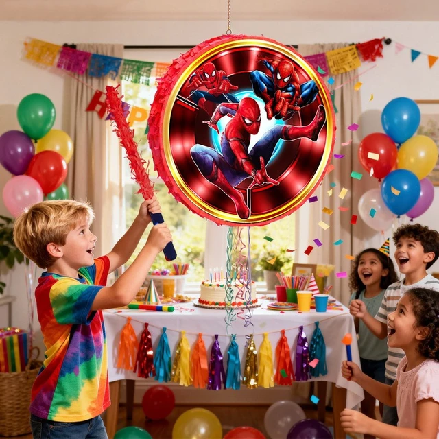 Alt view image 5 of 7 - Spiderman Pinata,4 Pcs Spiderman Round Pinata Set - Spiderman Party Pinata & Spiderman Pinata Sticks & Spiderman Party Game Eye Mask etc Spiderman Pinata Supplies for Spiderman Birthday Party Decorati