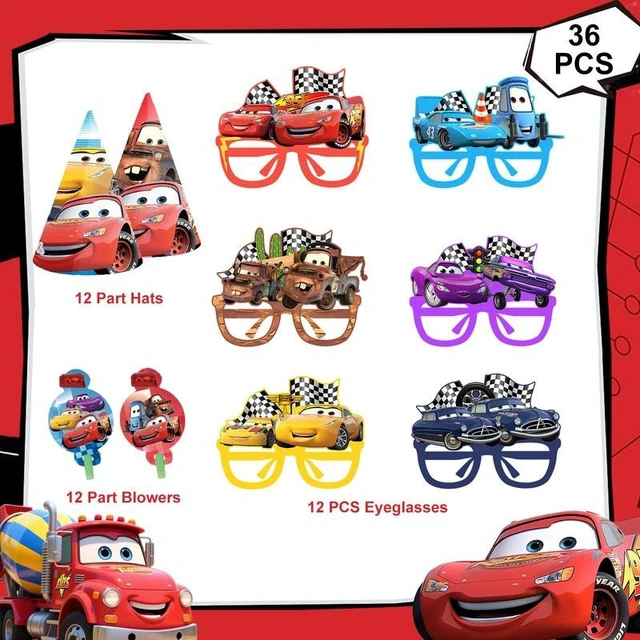 Alt view image 2 of 7 - 36 Pcs Cars Birthday Party Supplies - Lightning Mcqueen Party Paper Hats & Lightning Mcqueen Paper Glasses & Lightning Mcqueen Blowout Toys for Lightning Mcqueen Party Favors Supplies