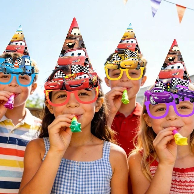Alt view image 3 of 7 - 36 Pcs Cars Birthday Party Supplies - Lightning Mcqueen Party Paper Hats & Lightning Mcqueen Paper Glasses & Lightning Mcqueen Blowout Toys for Lightning Mcqueen Party Favors Supplies