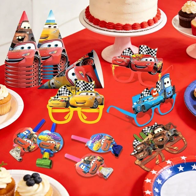 Alt view image 5 of 7 - 36 Pcs Cars Birthday Party Supplies - Lightning Mcqueen Party Paper Hats & Lightning Mcqueen Paper Glasses & Lightning Mcqueen Blowout Toys for Lightning Mcqueen Party Favors Supplies
