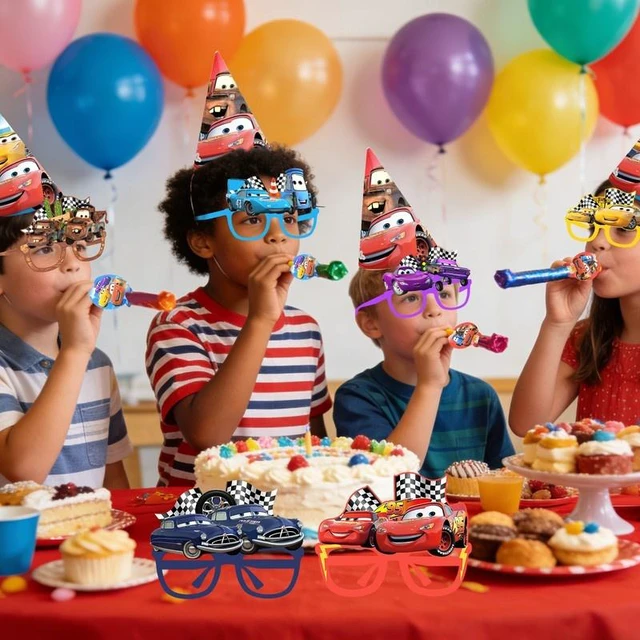Alt view image 6 of 7 - 36 Pcs Cars Birthday Party Supplies - Lightning Mcqueen Party Paper Hats & Lightning Mcqueen Paper Glasses & Lightning Mcqueen Blowout Toys for Lightning Mcqueen Party Favors Supplies
