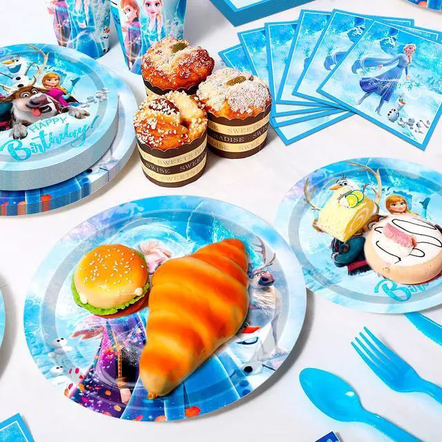 Alt view image 2 of 6 - Frozen Birthday Party Supplies, 144 Pcs Frozen Party Tableware Set - Frozen Birthday Party Plates Cups Napkins Tablecloth Banner etc Elsa Birthday Party Supplies 2th 4th Birthday for Serves 16 Guest