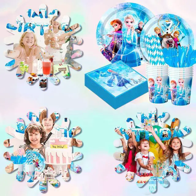 Alt view image 5 of 6 - Frozen Birthday Party Supplies, 144 Pcs Frozen Party Tableware Set - Frozen Birthday Party Plates Cups Napkins Tablecloth Banner etc Elsa Birthday Party Supplies 2th 4th Birthday for Serves 16 Guest