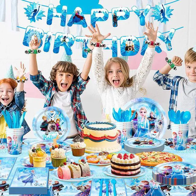 Alt view image 3 of 6 - Frozen Birthday Party Supplies, 144 Pcs Frozen Party Tableware Set - Frozen Birthday Party Plates Cups Napkins Tablecloth Banner etc Elsa Birthday Party Supplies 2th 4th Birthday for Serves 16 Guest