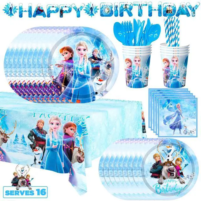 Main image of Frozen Birthday Party Supplies, 144 Pcs Frozen Party Tableware Set - Frozen Birthday Party Plates Cups Napkins Tablecloth Banner etc Elsa Birthday Party Supplies 2th 4th Birthday for Serves 16 Guest