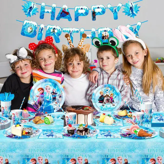 Alt view image 4 of 6 - Frozen Birthday Party Supplies, 144 Pcs Frozen Party Tableware Set - Frozen Birthday Party Plates Cups Napkins Tablecloth Banner etc Elsa Birthday Party Supplies 2th 4th Birthday for Serves 16 Guest