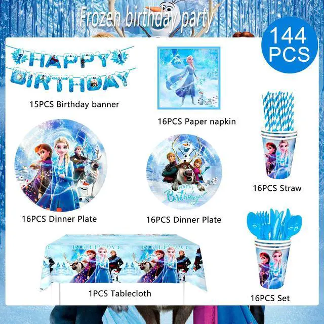 Alt view image 6 of 6 - Frozen Birthday Party Supplies, 144 Pcs Frozen Party Tableware Set - Frozen Birthday Party Plates Cups Napkins Tablecloth Banner etc Elsa Birthday Party Supplies 2th 4th Birthday for Serves 16 Guest