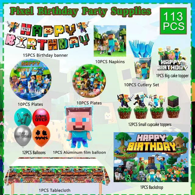 Alt view image 7 of 7 - Minecraft Birthday Party Decoration Supplies, 113 Pcs Pixel Game Party Supplies, including Pixel Game Cake Toppers, Balloons Banner Plates etc. Pixel Game Party Decorations for Boys