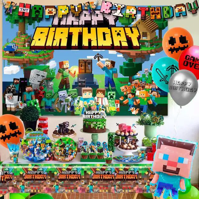 Alt view image 3 of 7 - Minecraft Birthday Party Decoration Supplies, 113 Pcs Pixel Game Party Supplies, including Pixel Game Cake Toppers, Balloons Banner Plates etc. Pixel Game Party Decorations for Boys