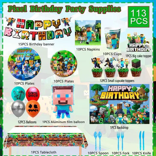 Alt view image 6 of 7 - Minecraft Birthday Party Decoration Supplies, 113 Pcs Pixel Game Party Supplies, including Pixel Game Cake Toppers, Balloons Banner Plates etc. Pixel Game Party Decorations for Boys