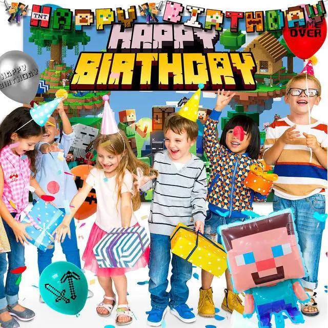 Alt view image 4 of 7 - Minecraft Birthday Party Decoration Supplies, 113 Pcs Pixel Game Party Supplies, including Pixel Game Cake Toppers, Balloons Banner Plates etc. Pixel Game Party Decorations for Boys