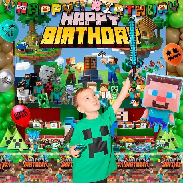 Alt view image 2 of 7 - Minecraft Birthday Party Decoration Supplies, 113 Pcs Pixel Game Party Supplies, including Pixel Game Cake Toppers, Balloons Banner Plates etc. Pixel Game Party Decorations for Boys