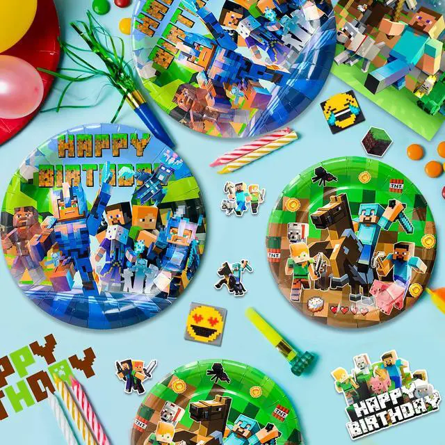 Alt view image 5 of 7 - Minecraft Birthday Party Decoration Supplies, 113 Pcs Pixel Game Party Supplies, including Pixel Game Cake Toppers, Balloons Banner Plates etc. Pixel Game Party Decorations for Boys