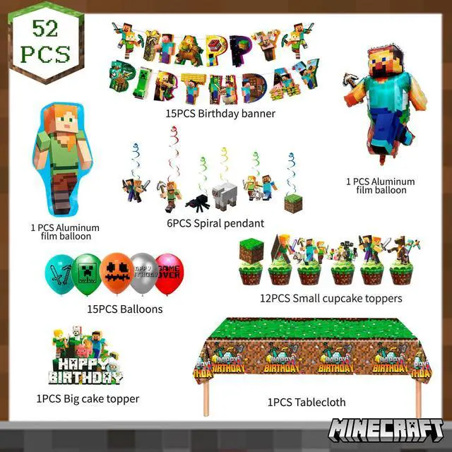 Alt view image 7 of 7 - Minecraft Birthday Party Supplies, 52 Pcs Minecraft Party Decorations Set - Minecraft Birthday Decorations Banners Tablecloth Minecraft Balloon Cake Topper etc. Minecraft Party Supplies