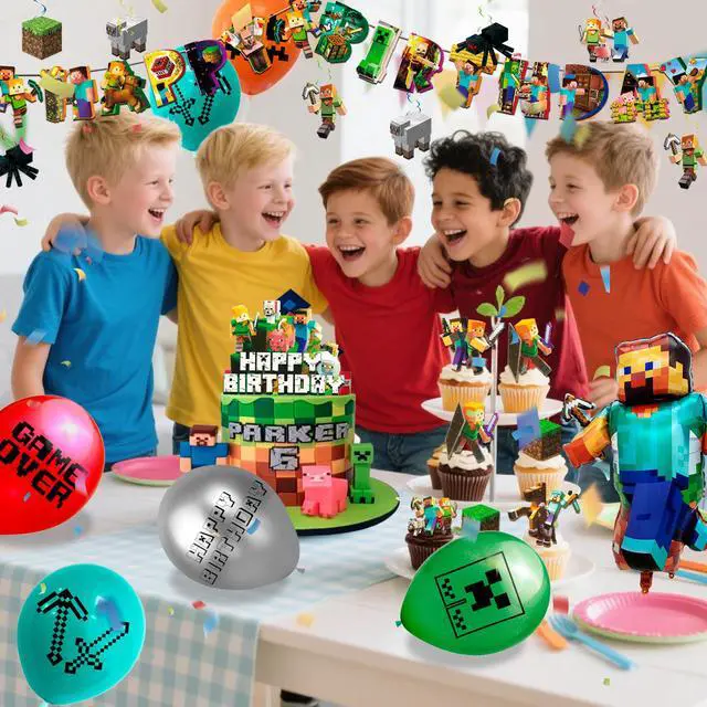 Alt view image 5 of 7 - Minecraft Birthday Party Supplies, 52 Pcs Minecraft Party Decorations Set - Minecraft Birthday Decorations Banners Tablecloth Minecraft Balloon Cake Topper etc. Minecraft Party Supplies