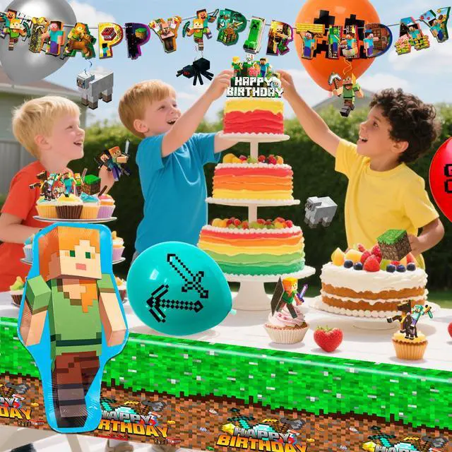 Alt view image 4 of 7 - Minecraft Birthday Party Supplies, 52 Pcs Minecraft Party Decorations Set - Minecraft Birthday Decorations Banners Tablecloth Minecraft Balloon Cake Topper etc. Minecraft Party Supplies