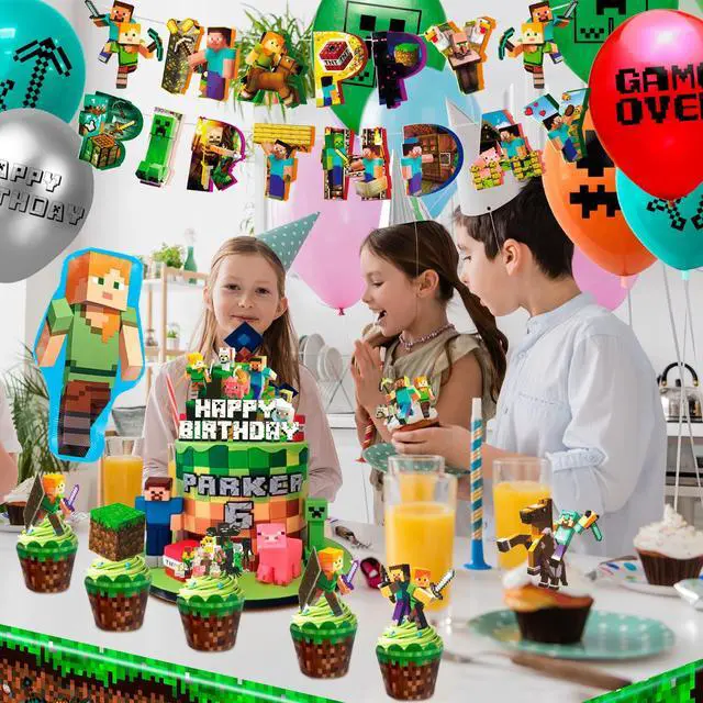 Alt view image 3 of 7 - Minecraft Birthday Party Supplies, 52 Pcs Minecraft Party Decorations Set - Minecraft Birthday Decorations Banners Tablecloth Minecraft Balloon Cake Topper etc. Minecraft Party Supplies