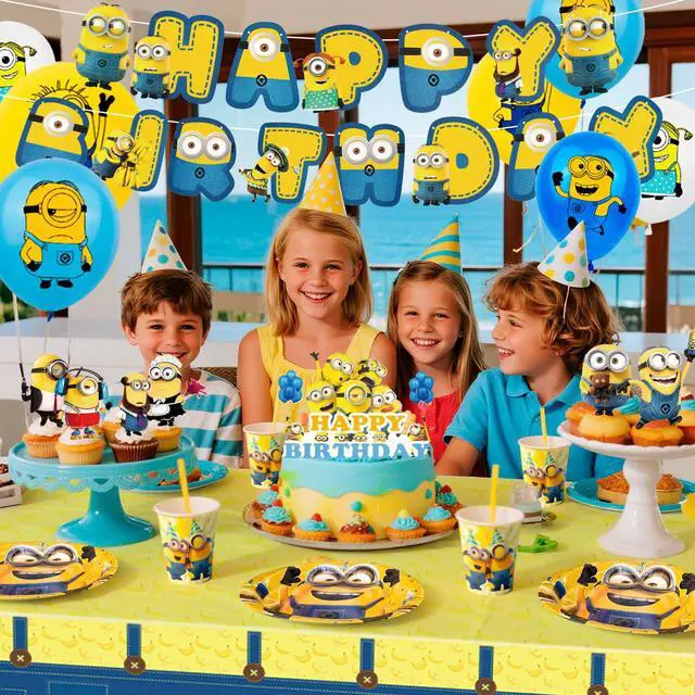 Alt view image 2 of 7 - Minions Party Supplies, 98pcs Minions Party Decorations & Tableware Set - Minions Party Plates Napkins Cups and Minions Birthday Banners Balloons Cake Toppers etc. Minions Theme Birthday Decorations
