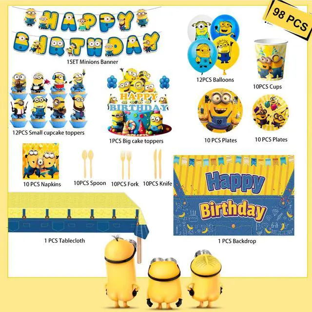 Alt view image 7 of 7 - Minions Party Supplies, 98pcs Minions Party Decorations & Tableware Set - Minions Party Plates Napkins Cups and Minions Birthday Banners Balloons Cake Toppers etc. Minions Theme Birthday Decorations