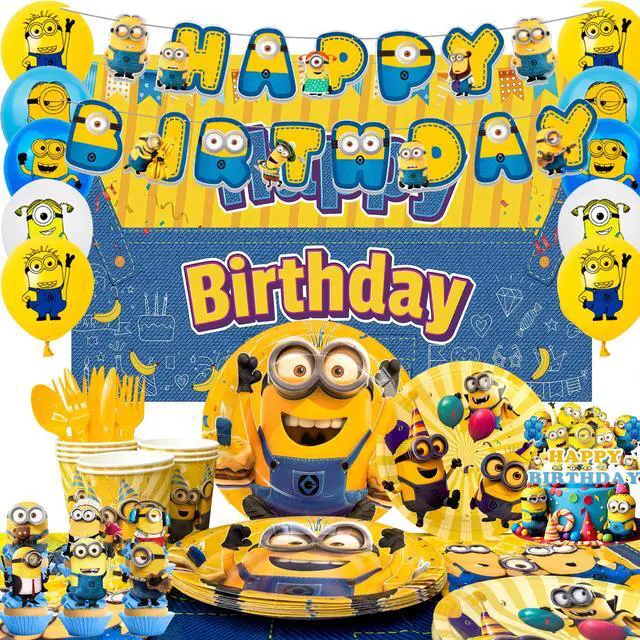 Main image of Minions Party Supplies, 98pcs Minions Party Decorations & Tableware Set - Minions Party Plates Napkins Cups and Minions Birthday Banners Balloons Cake Toppers etc. Minions Theme Birthday Decorations