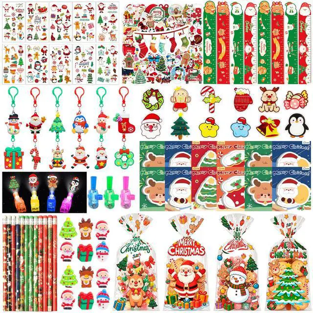 Main image of 158 PCS Christmas Party Favors, Including Xmas Sticky Notes Santa Claus Keychains Christmas Stickers Badges Christmas Candy Bags Etc Christmas Goodie Bag Stuffers