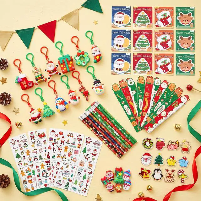 Alt view image 2 of 7 - 158 PCS Christmas Party Favors, Including Xmas Sticky Notes Santa Claus Keychains Christmas Stickers Badges Christmas Candy Bags Etc Christmas Goodie Bag Stuffers